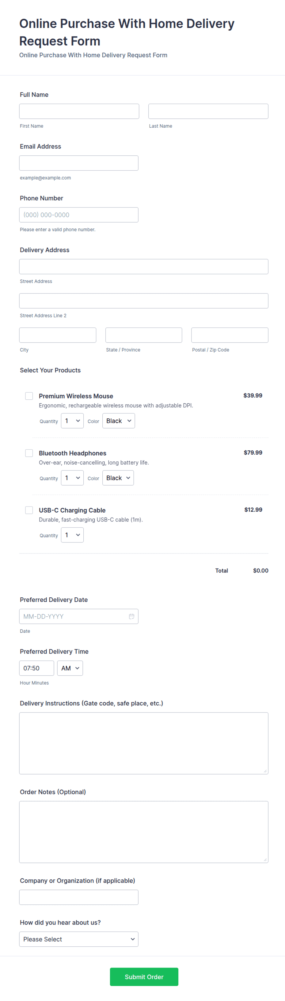 Online Purchase With Home Delivery Request Form Template | Jotform