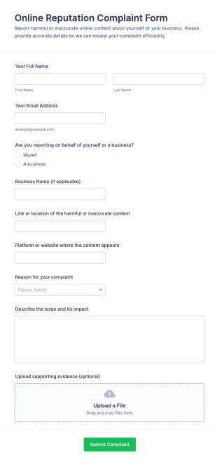Online Reputation Complaint Form Template