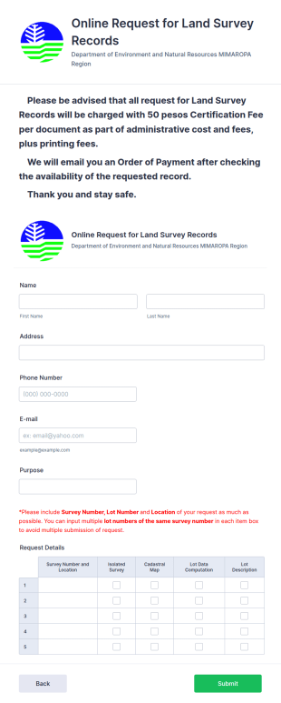 Land Survey Records Request Form Template