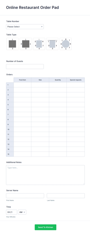 Online Restaurant Order Pad Form Template