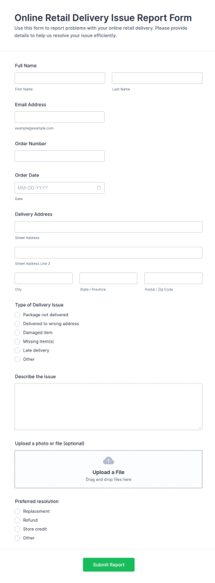 Online Retail Delivery Issue Report Form Template
