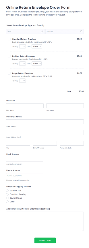Online Return Envelope Order Form Template