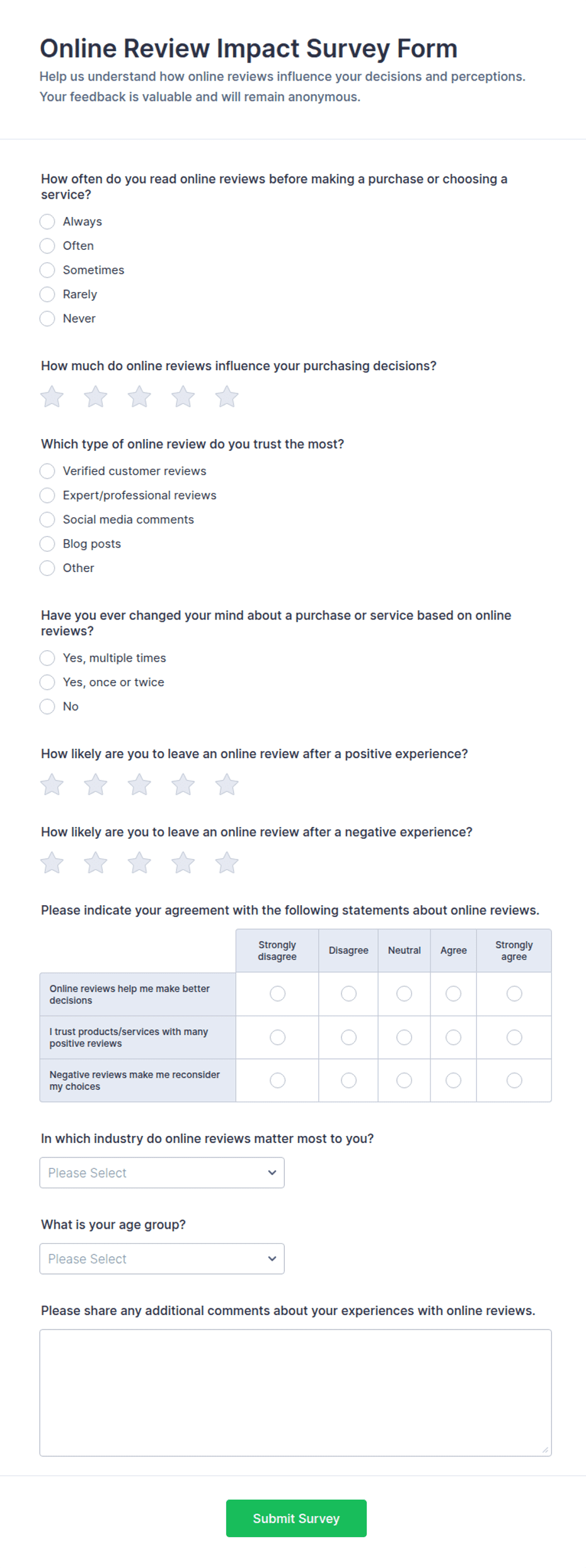 Online Review Impact Survey Form Template | Jotform