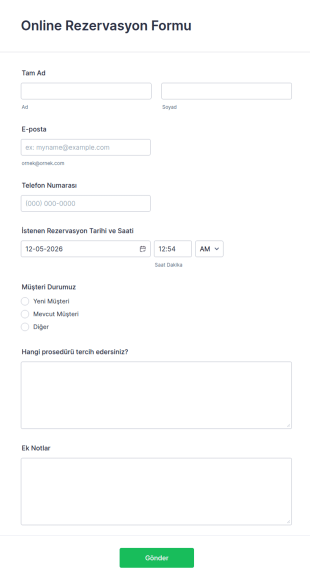 Online Rezervasyon Form Şablonu