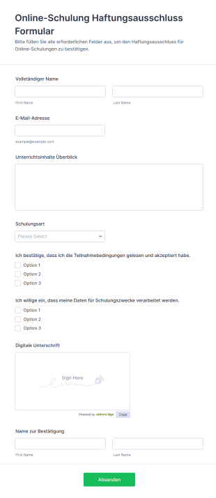 Online Schulung Haftungsausschluss Formular