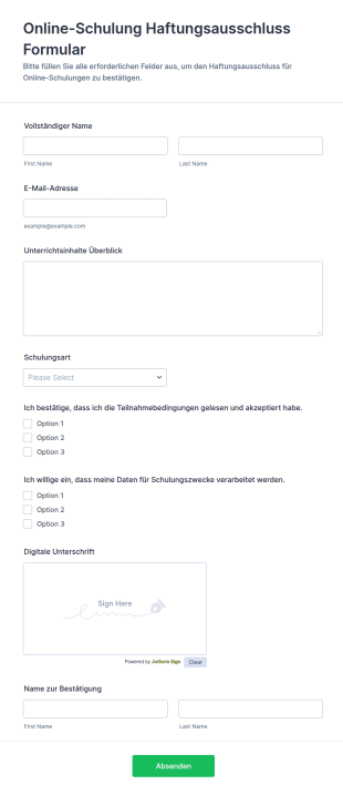 Online Schulung Haftungsausschluss Formular