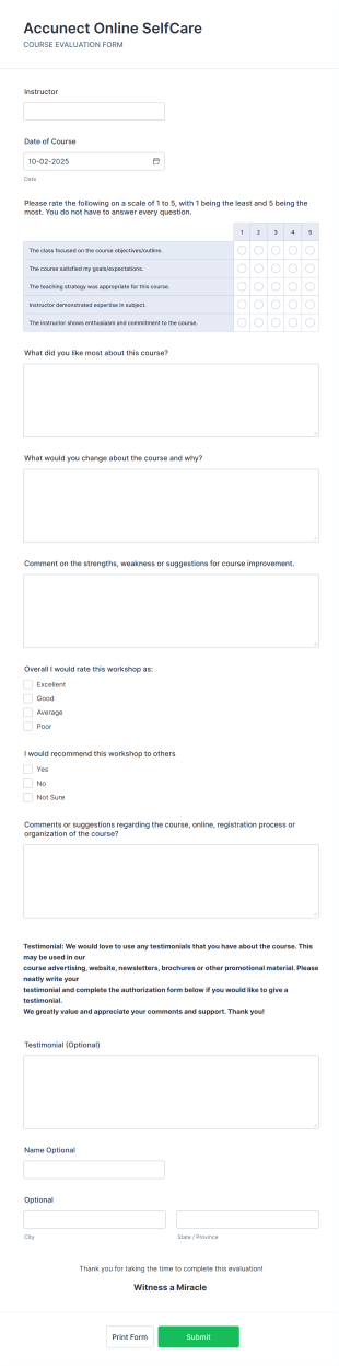 Online SelfCare Course Evaluation Form Template