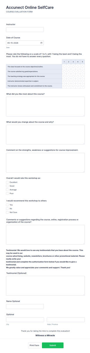 Online SelfCare Course Evaluation Form Template