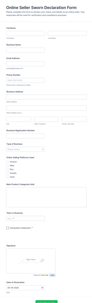 Online Seller Sworn Declaration Form Template