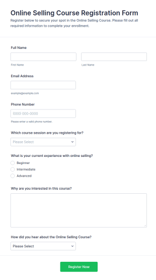 Online Selling Course Registration Form Template