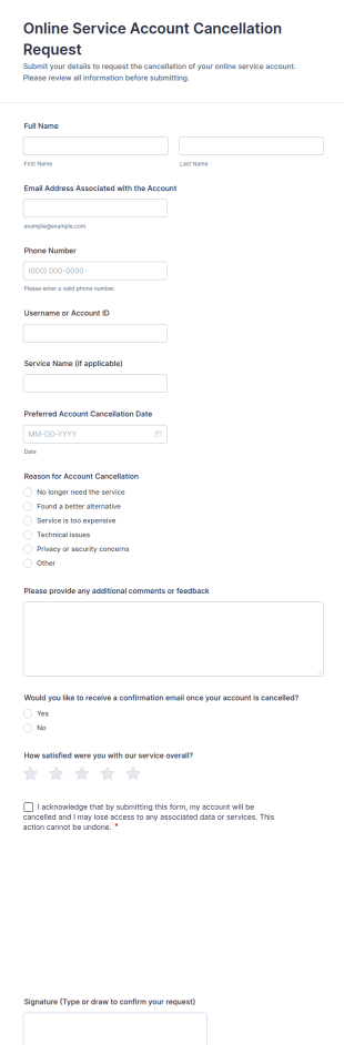 Online Service Account Cancellation Request Form Template