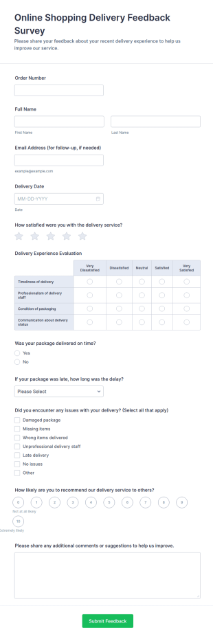 Online Shopping Delivery Feedback Survey Form Template