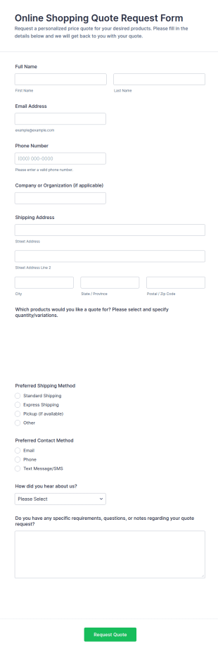Online Shopping Quote Request Form Template
