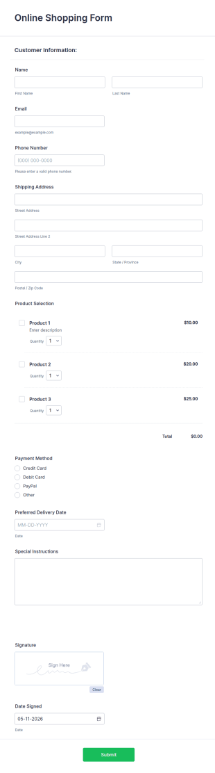 Online Shopping Form Template