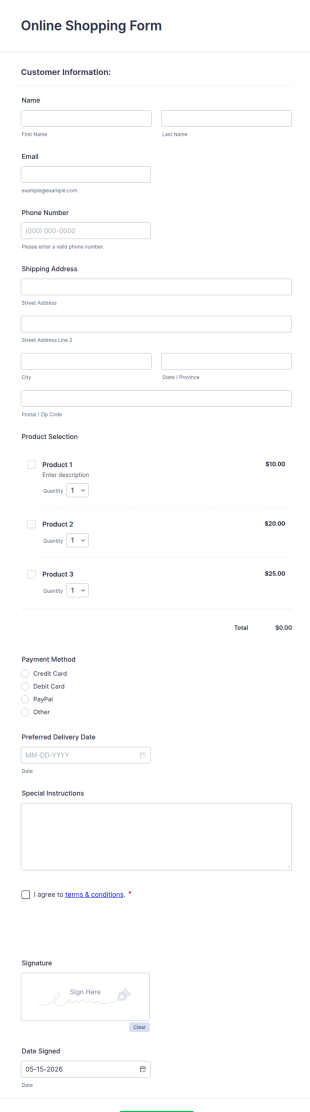 Online Shopping Form Template
