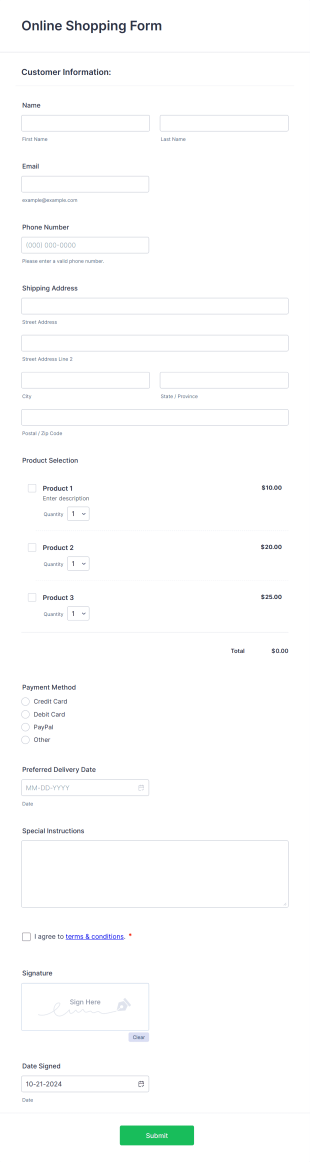 Online Shopping Form Template