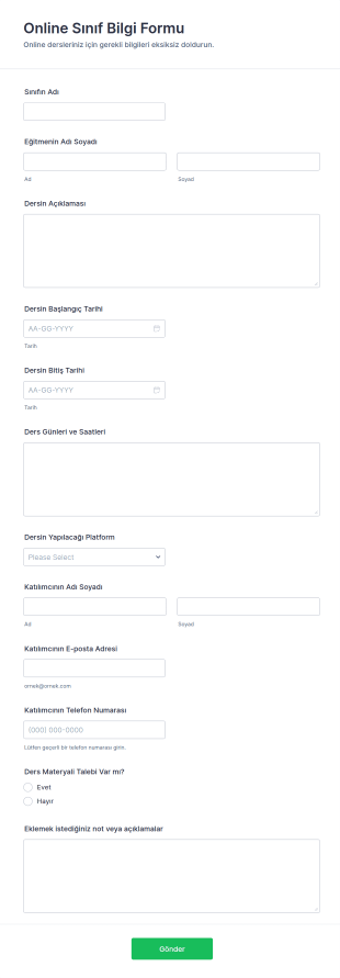 Online Sınıf Bilgi Form Şablonu