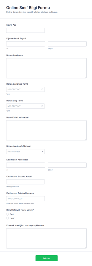 Online Sınıf Bilgi Form Şablonu