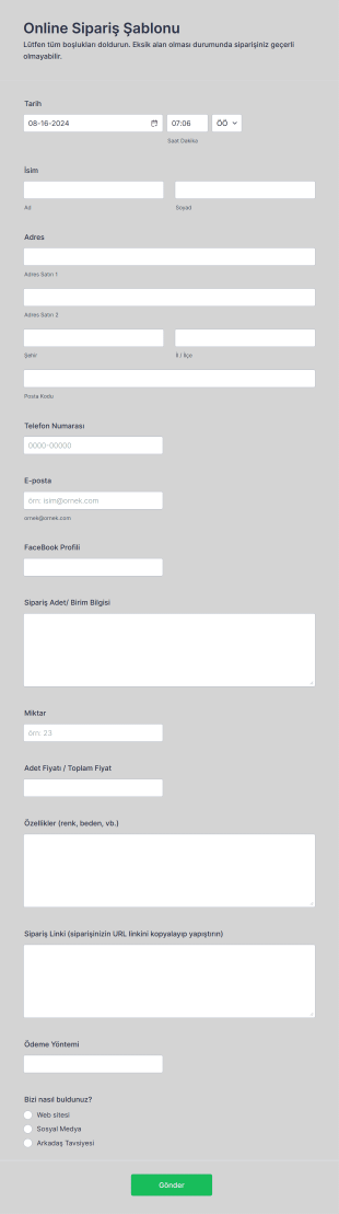 Online Sipariş Şablonu