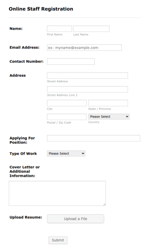 Online Staff Registration Form Template