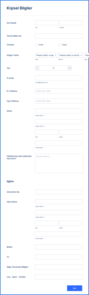 Online Stajyer Başvuru Form Template