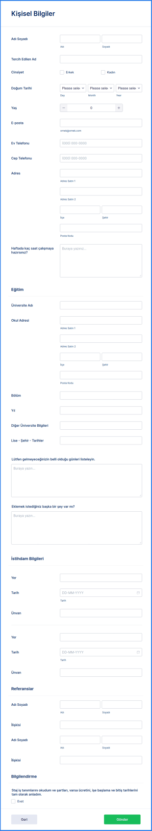Online Stajyer Başvuru Form Şablonu