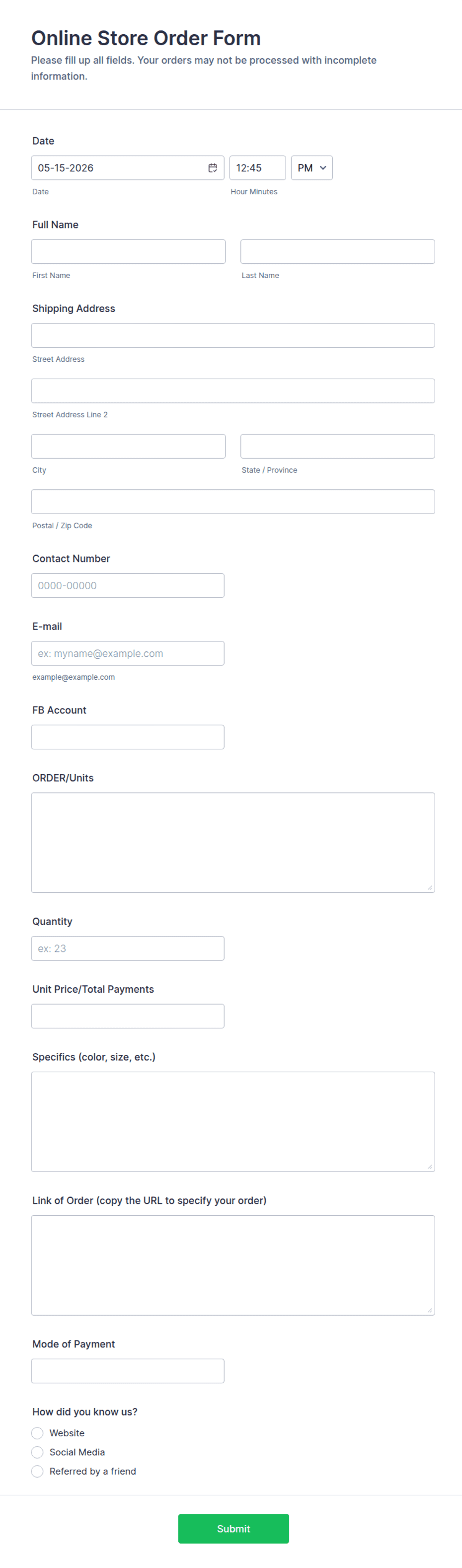 Order Online Example Online Store Order Form Template | Jotform
