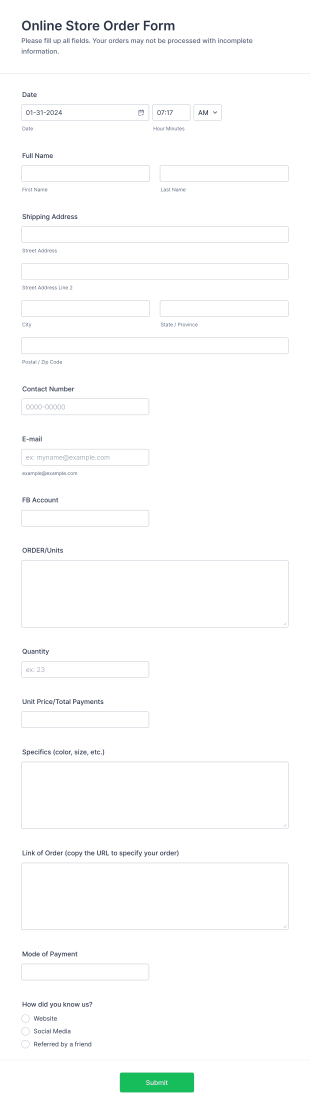 Online Store Order Form Template