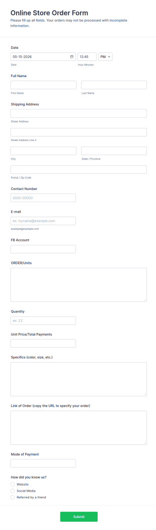 Online Store Order Form Template