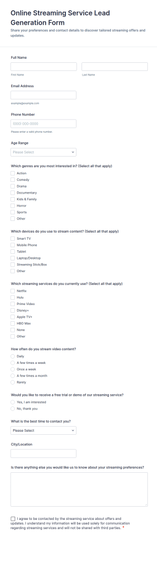 Online Streaming Service Lead Generation Form Template
