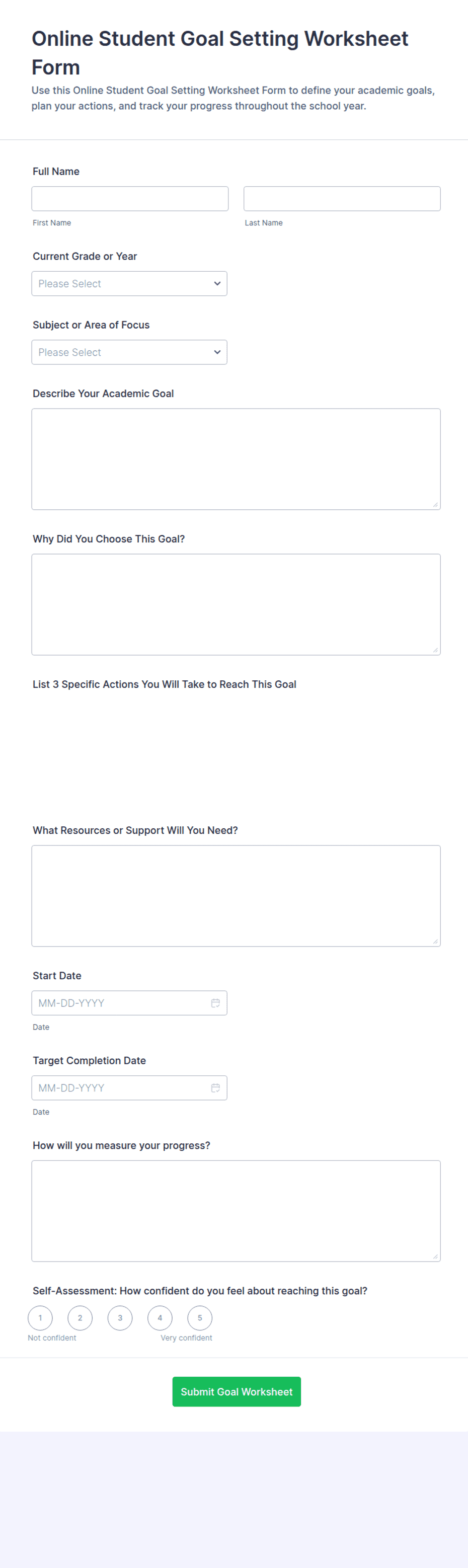 Student goal-setting form for online learners.