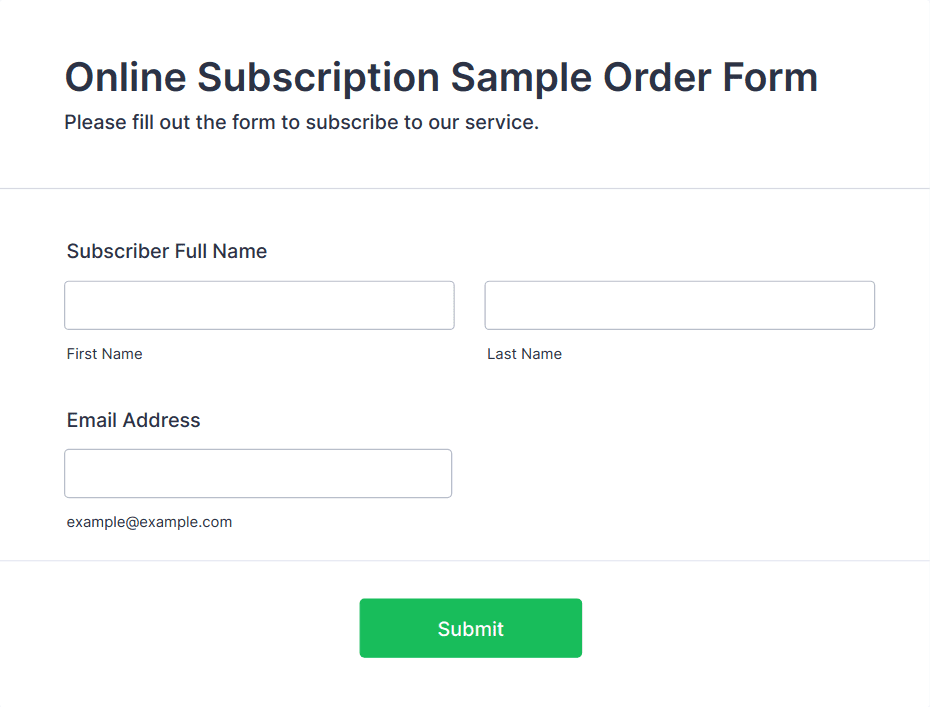Simple Subscription Sample Online Subscription Sample Order Form Template | Jotform