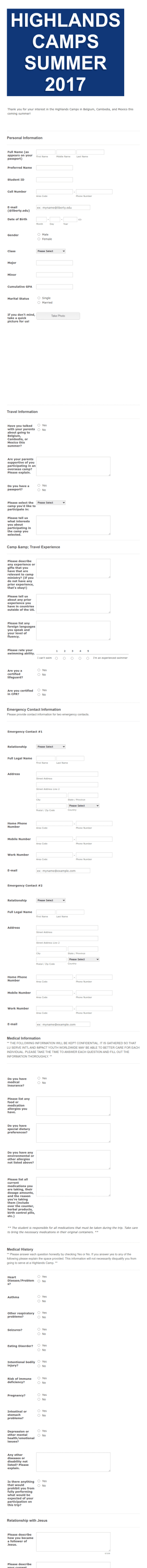 Online Summer Camp Application Form Template