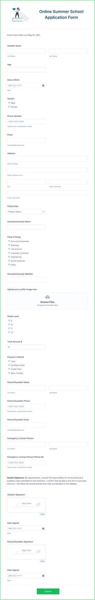 Online Summer School Application Form Template