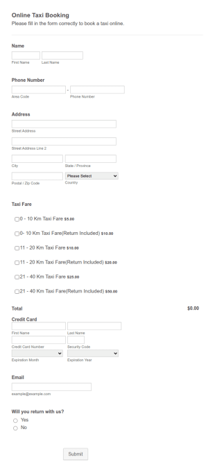 Online Taxi Booking Form Template