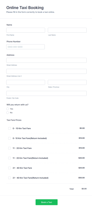 Online Taxi Booking Form Template