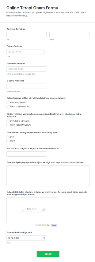 Online Terapi Onam Form Şablonu
