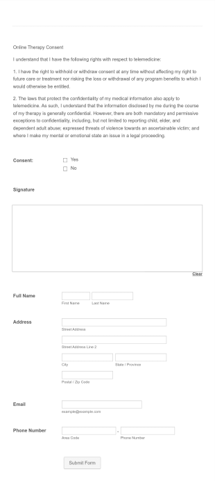 Online Therapy Consent Template Form Template