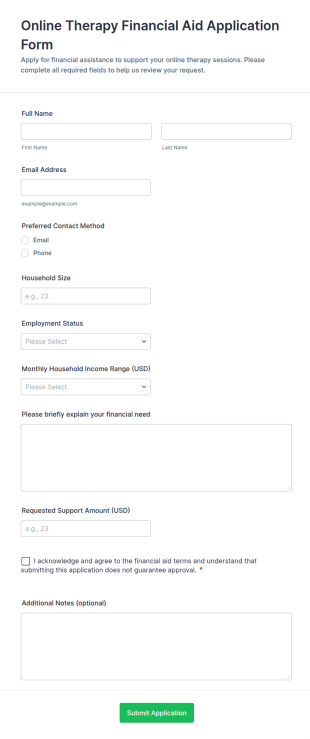Online Therapy Financial Aid Application Form Template