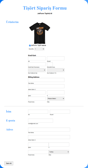 Online Tişört Sipariş Form Şablonu