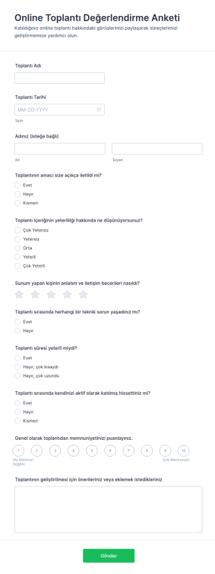 Online Toplantı Değerlendirme Anketi Form Şablonu