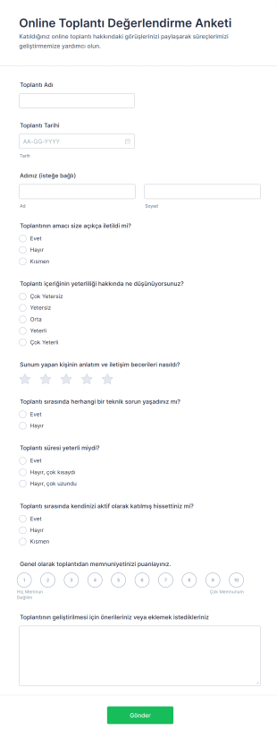 Online Toplantı Değerlendirme Anketi Form Şablonu