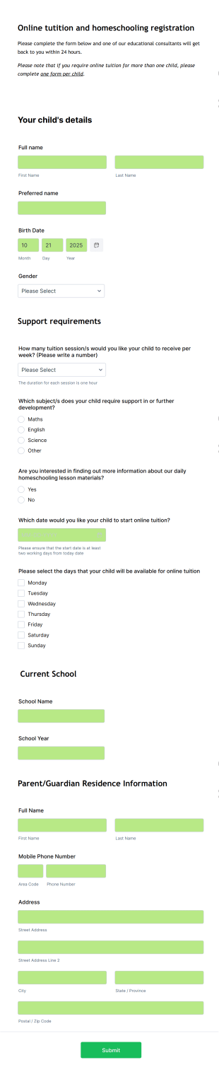 Online Tuition And Homeschooling Registration Form Template