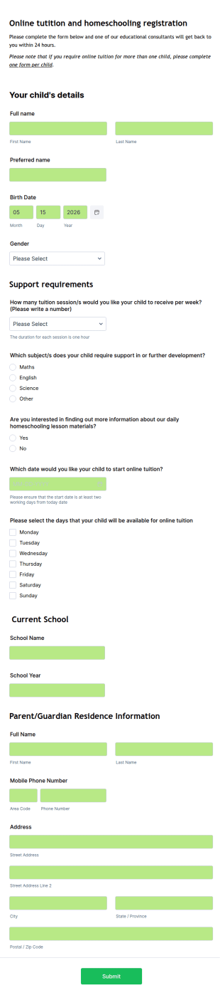 Online Tuition And Homeschooling Registration Form Template