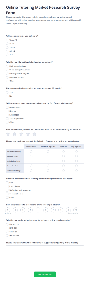 Online Tutoring Market Research Survey Form Template