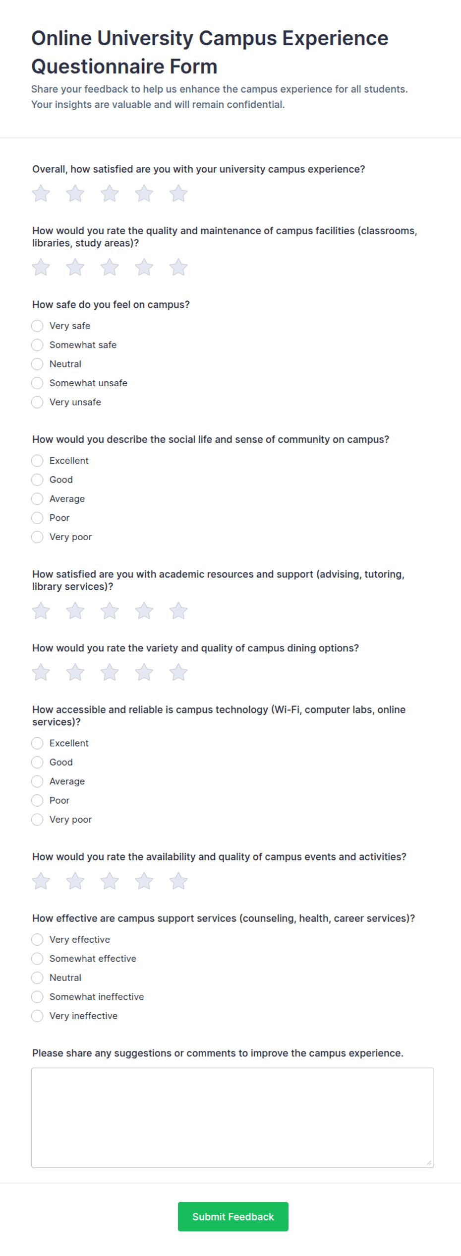 Questionnaire Form Example Online University Campus Experience Questionnaire Form Template | Jotform