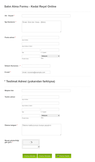 Online Ürün Satın Alma Form Şablonu