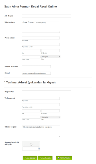 Online Ürün Satın Alma Form Şablonu