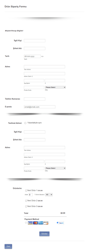 Online Ürün Sipariş Form Şablonu