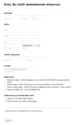 Online Vakıf Bağış Form Template